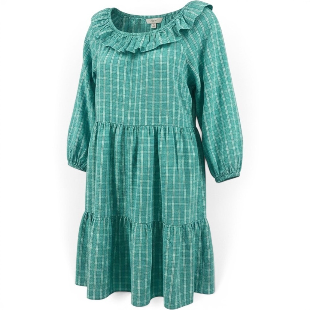J.Crew Dress Womens 14 Green Plaid Ruffle Neck Tiered Seersucker BP802 New